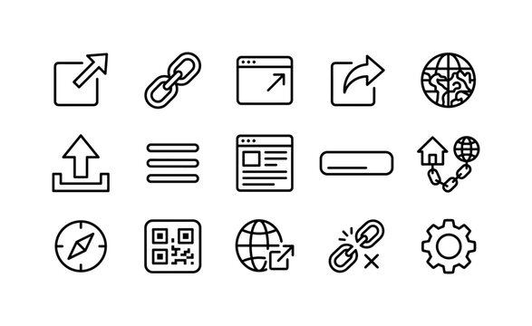External Link UI, line icon set featuring outbound arrow, hyperlink chain, open tab, share arrow, upload icon, menu button, website page, URL bar, navigation pointer, mobile app tile, covering