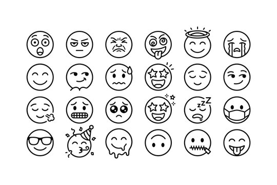 Expressive Mood Faces. Line icon set of emoji icons: shocked face, annoyed face, disgusted face, crazy face, halo face, crying face, smiling face, proud face, nervous face, excited face, relaxed face,