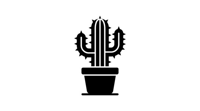 A black silhouette illustration of a cactus plant in a pot on a white background.