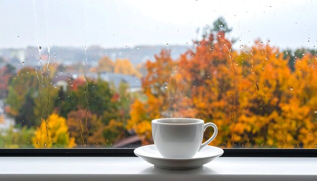 A steaming cup of coffee on a saucer sits on a windowsill overlooking a vibrant autumnal landscape
