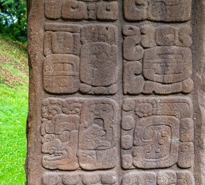Close up of maya hieroglyphics of Stela A, Quirigua, Guatemala.