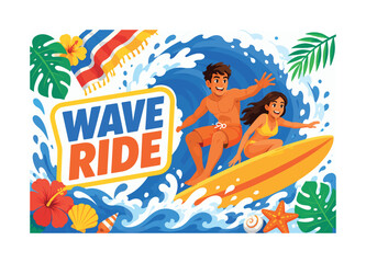 Obraz premium Wave Riding banner, two bold stylized surfers riding one oversized curling wave across the full banner, giant surfboard points to right edge, splash foam reaches bottom and top edges, towel, seashells
