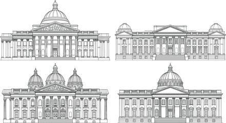 Neoclassical Architecture Buildings Line Art Set with Domes and Columns © Mahsina