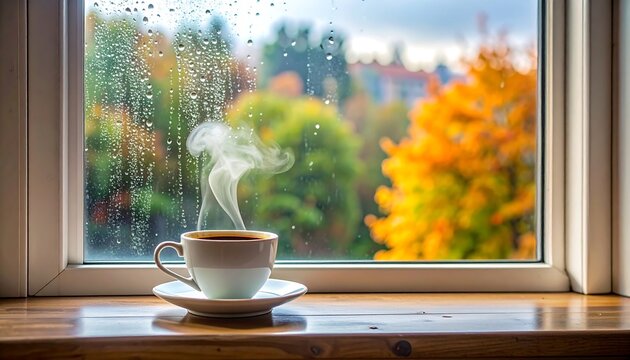 A steaming cup of coffee on a saucer sits on a wooden windowsill with raindrops and a blurred autumnal view