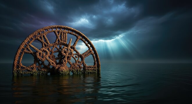 An ancient rusted clock emerges from murky dark water at the horizon line beneath a stormy sky creating a haunting and eerie atmosphere, surface, ocean, ominous