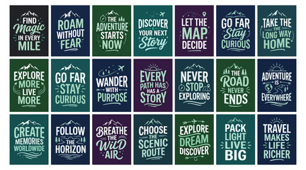 Naklejka premium Collection of outdoor adventure and travel typography badges with mountain landscape