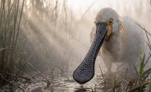 Low-Angle Cinematic Eurasian Spoonbill Close-Up in Morning Fog