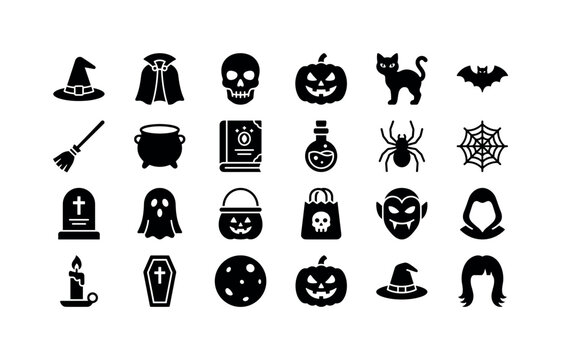 Spooky Costume Props. Solid glyph icon set of Halloween masks and spooky objects: witch hat, vampire cape, skull mask, jack lantern, black cat, bat, broomstick, cauldron, spell book, potion bottle,
