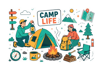 Naklejka premium Camping Adventure Gear. Banner illustration about outdoor camping with one oversized tent and one oversized campfire, two geometric campers placing lantern, backpack, pine tree, mug, signpost, chair,