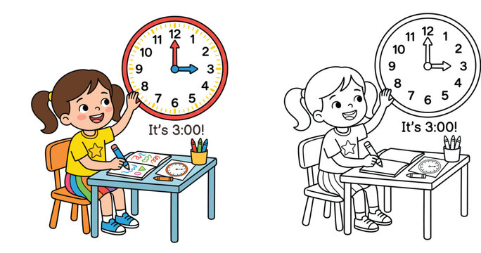 Cute cartoon girl at desk learning to tell time on wall clock