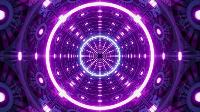 A futuristic techno visuals tunnel featuring a vibrant modern art deco pattern composed of glowing neon colored geometric shapes.