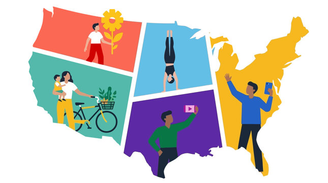 People from diverse lifestyles engage in various hobbies across a colorful map of America