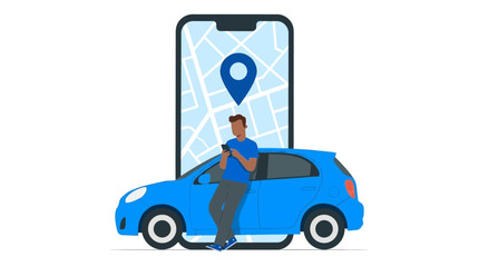 Naklejka premium Man standing beside blue car with large smartphone displaying map and location pin