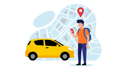 Man with backpack stands next to yellow car checking phone near map © Fendi