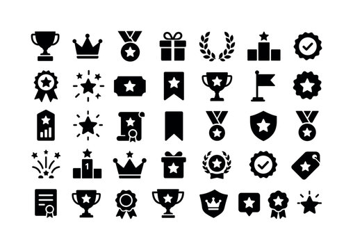 Victory And Reward Icons. Solid glyph icon set of victory and reward symbols: trophy cup, crown, medal, gift box, laurel wreath, podium, check badge, winner ribbon, starburst, prize label, ranking