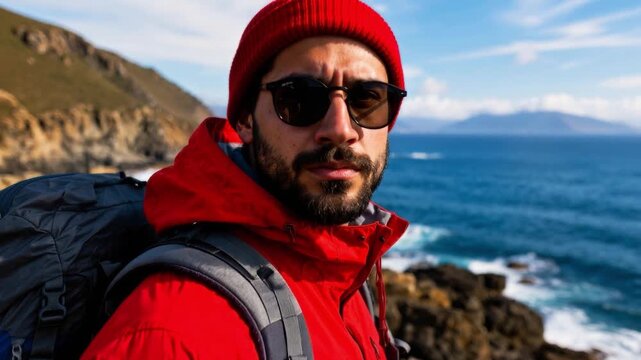 A man in a red jacket and beanie with a backpack overlooking a rocky coastline and blue ocean under a partly cloudy sky.