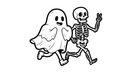 Obraz premium Playful ghost and friendly skeleton dancing together in a whimsical illustration.