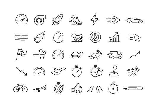 Speed Icon Set. Minimalistic set one-line drawing speedometer, turbo gauge, rocket, running shoe, flash bolt, express arrow, fast car, motion lines, comet, stopwatch, acceleration pedal, wheel,