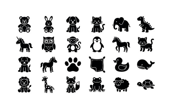 Nursery Animal Glyphs. Solid glyph icon set of children toy animals: teddy bear, rabbit toy, dog toy, cat toy, elephant toy, dinosaur toy, unicorn toy, owl toy, monkey toy, penguin toy, horse toy,