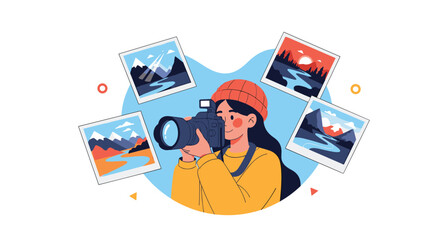 Fototapeta premium Young woman photographer holding a professional camera surrounded by floating landscape photos she took.