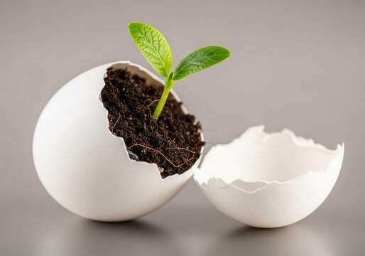 A delicate white eggshell cracked open with a vibrant green seedling sprouting from rich dark soil, symbolizing new life and emergence, organic, birth, leaf