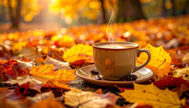 A steaming cup on a saucer surrounded by vibrant autumn leaves