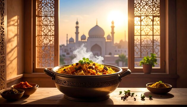 A steaming dish of food on a table with a view of a mosque