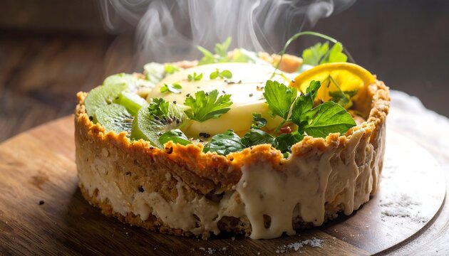 A steaming dessert tart with cream, kiwi, and herbs on a wooden board