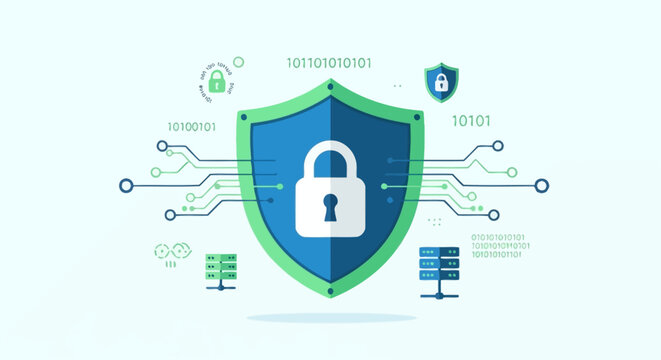 Digital cybersecurity concept, data protection shield with server icons and binary code background