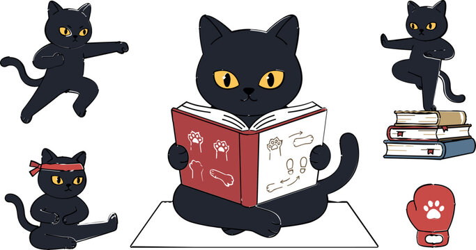  Cute black cat martial arts vector set with funny cartoon kitty practicing karate kung fu and reading training books