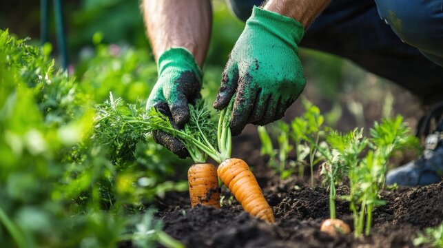 Hands wearing gloves harvesting fresh organic carrots from the soil in a garden bed