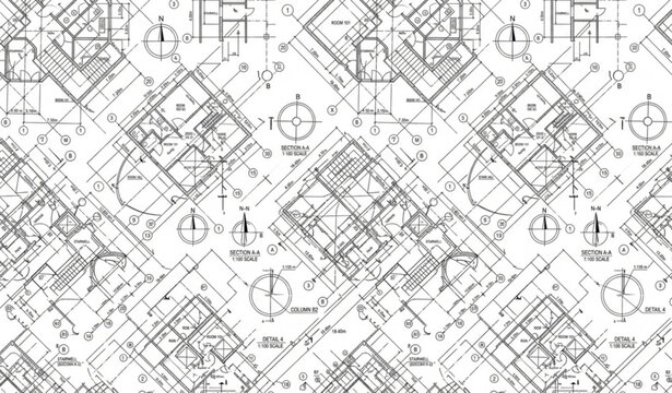 Abstract architectural blueprint seamless pattern vector with engineering floor plans and geometric lines