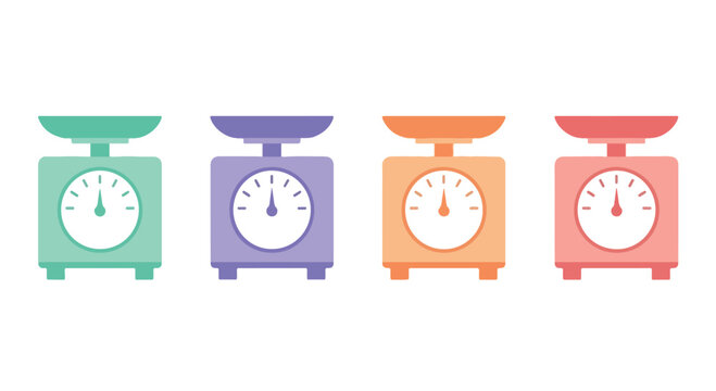 Four pastel vintage scales in a row, a playful retro illustration set with varied colors.