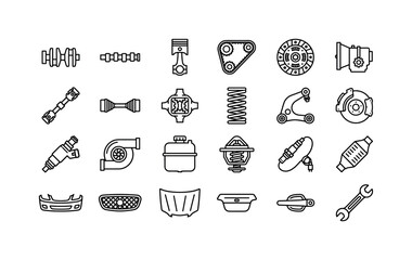 Naklejka premium Vehicle Service Components. Line icon set of car parts: crankshaft, camshaft, piston, timing belt, clutch plate, gearbox, drive shaft, axle, differential, suspension spring, control arm, brake