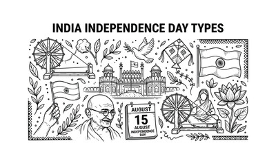 Obraz premium India independence day illustration with historical landmarks and patriotic symbols