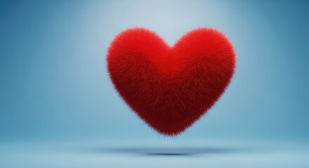 Fototapeta premium A vibrant red fluffy heart with a soft furry texture floats elegantly against a smooth sky blue gradient backdrop with gentle lighting, fuzzy, felt, fluffy