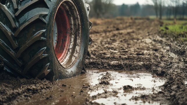 Heavy tractor tire sinking in deep mud on a rural agricultural field after rain