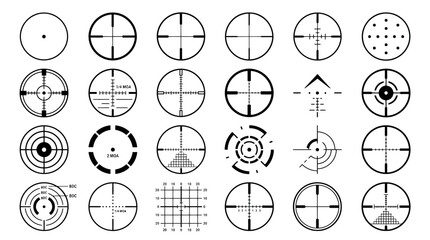 Military crosshair and sniper aim icons set, 24 target reticle vector elements, black tactical scope sights for gaming and shooting interface © FATEMA