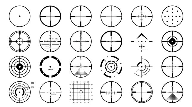 Military crosshair and sniper aim icons set, 24 target reticle vector elements, black tactical scope sights for gaming and shooting interface