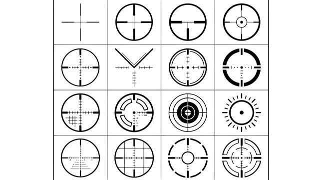 Sniper scope crosshair icons set, 16 black vector reticle symbols, military aim and target sights, hunting rifle optical lens interface elements