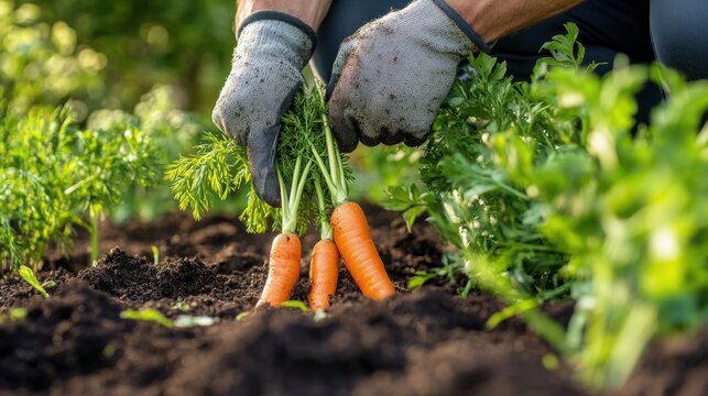 Hands wearing gloves harvesting fresh organic carrots from the soil in a garden bed