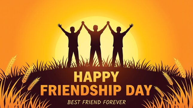 Happy Friendship Day greeting card, silhouette of three friends holding hands at sunset, best friend forever celebration banner with warm orange glow
