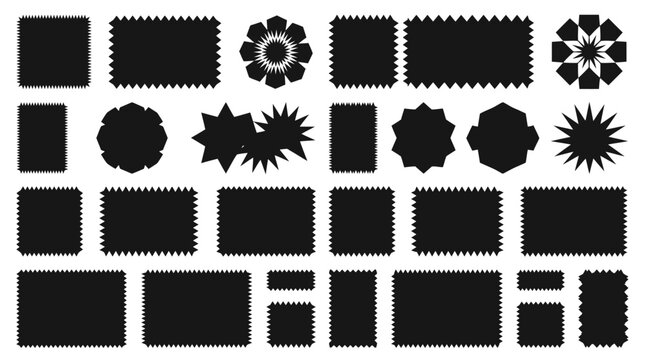 Vintage postage stamp border set, black silhouette jagged edge frames, 25 vector decorative label shapes for mail and scrapbooking