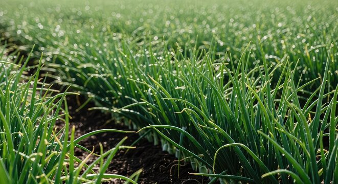 Detailed close-up view of vibrant green onion stalks growing in long organic rows across a fertile farm field under bright afternoon light, background, rural, onion