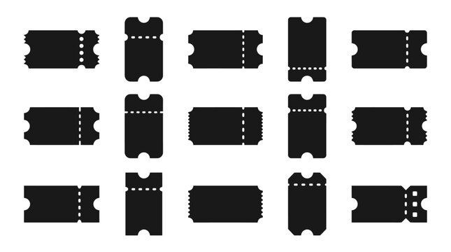 Vintage ticket stub icons set, black movie theater admission coupons, 15 vector raffle ticket silhouettes for event entry and entertainment