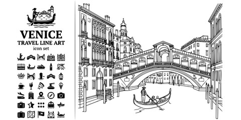 Obraz premium Venice Italy Travel Line Art Black White-Gondola Rialto Bridge Canal-Italian Destination Vector-Venice Icon Line-Travel Poster Design Set