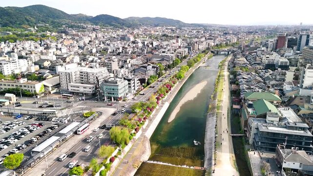 Kyoto aerial view with Kamo River and city buildings urban skyline panorama