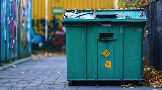 Large green waste container parked outdoors on a city street or near a building