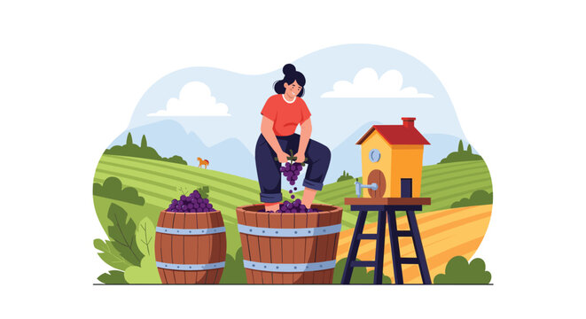 Happy young woman stomping grapes in a large wooden barrel for winemaking at beautiful green vineyard landscape.