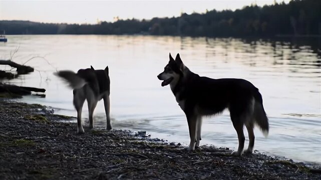 Two dogs on a pebble beach by a calm lake at dusk